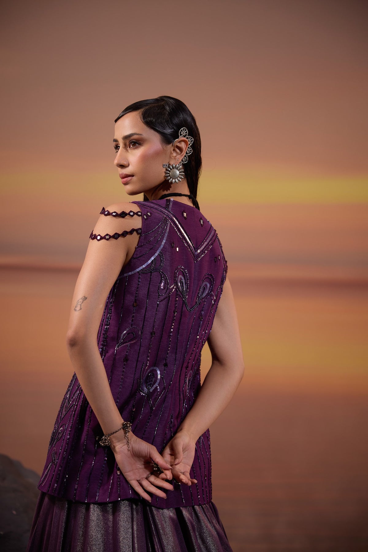 Dark Purple Sequins Embellished Jacket with Tissue Lehenga Set