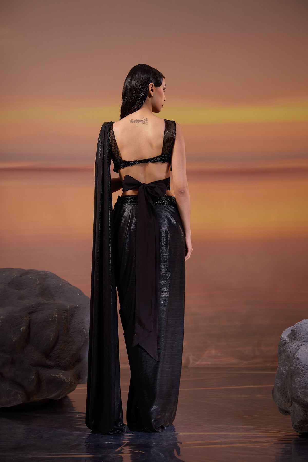 Black Embellished Strappy Blouse with Hand Embroidered Lyra Saree Set