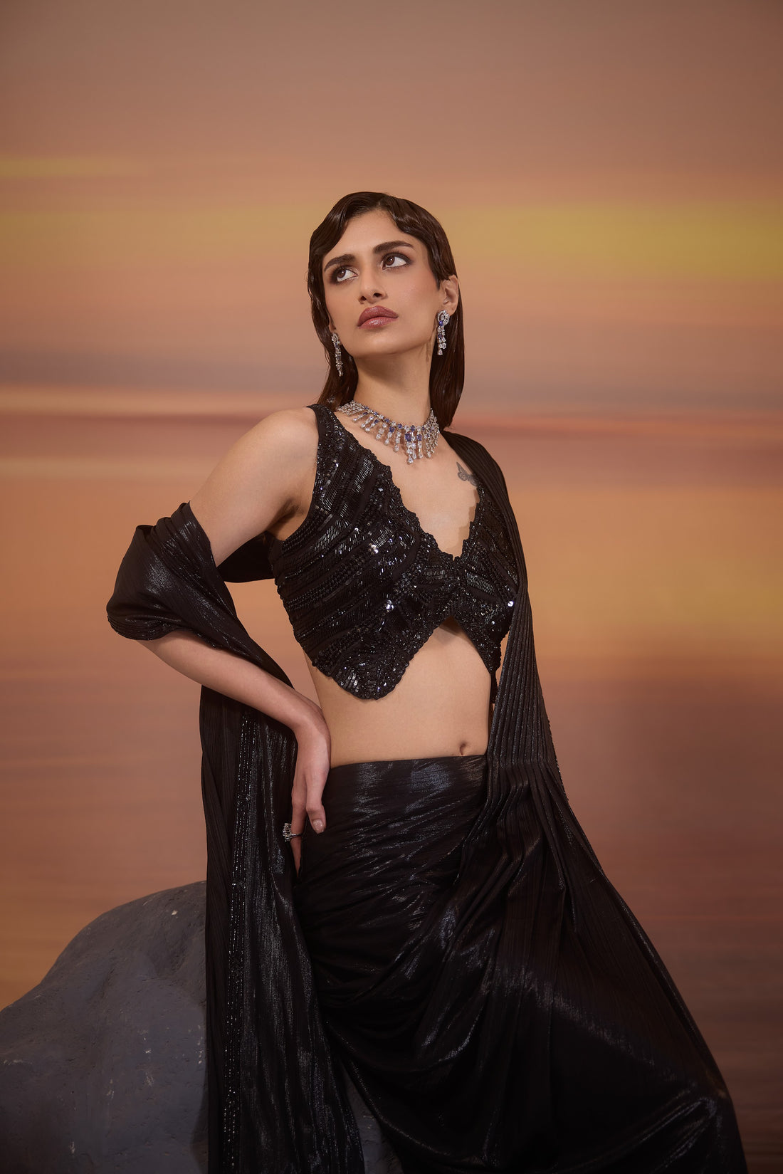 Black hand Embroidered Metallic Lycra Cocktail Drape Saree