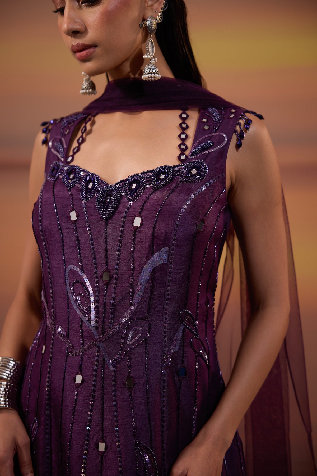 Dark Purple Sequins Embellished Dola Silk Sangeet Sharara Set