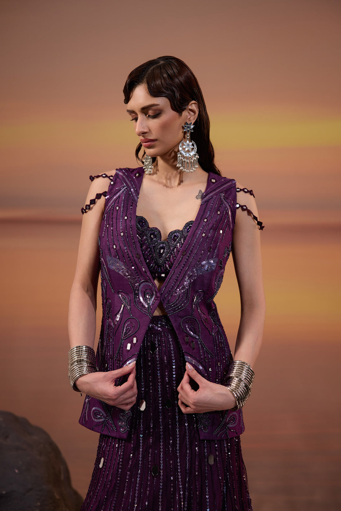 Dark Purple Hand Embroidered & Beads Embellished Dola Silk Jacket with Tulle Lehenga