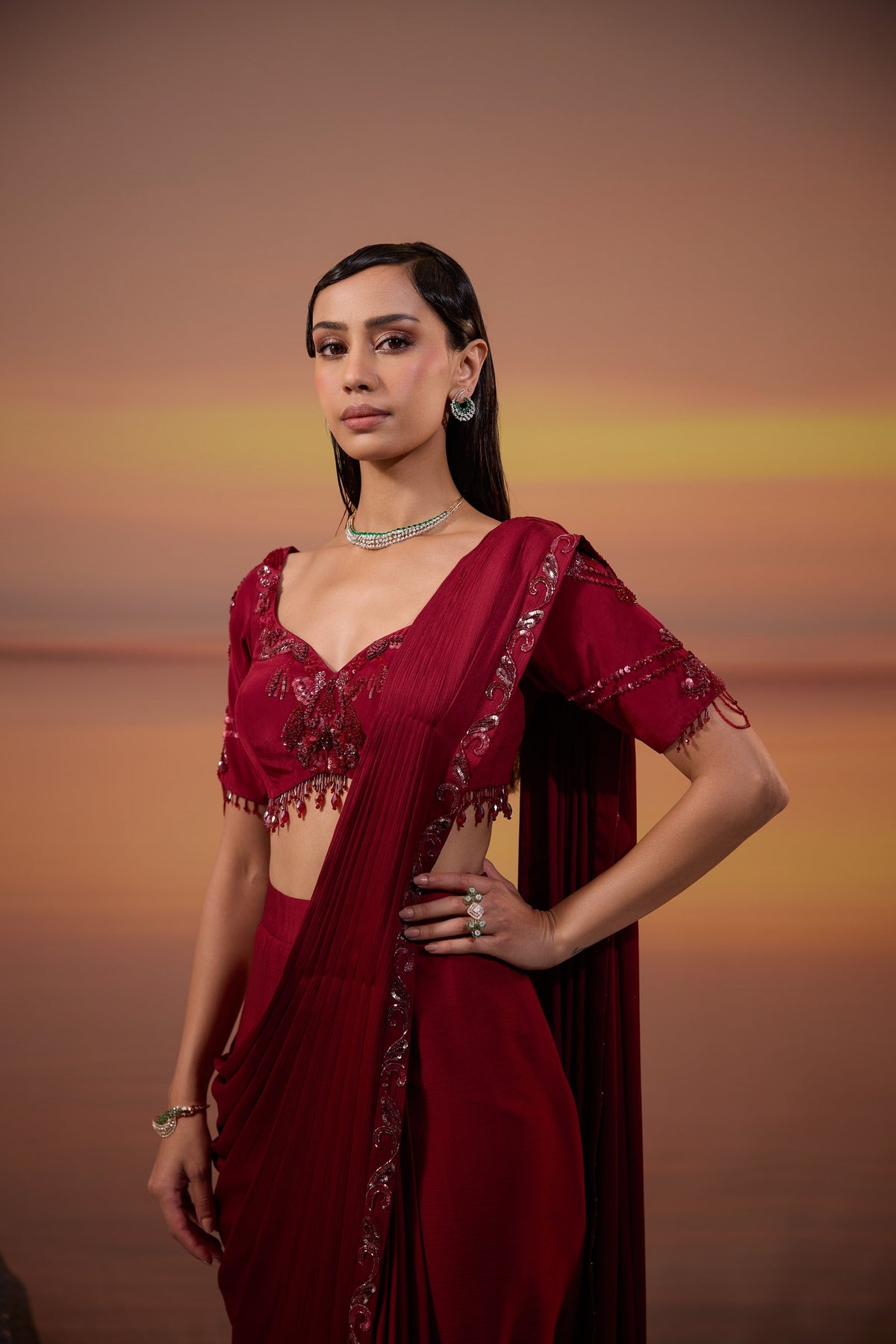 Dark Maroon Sequins Embroidered Chiffon Satin Party Wear Drape Saree Set