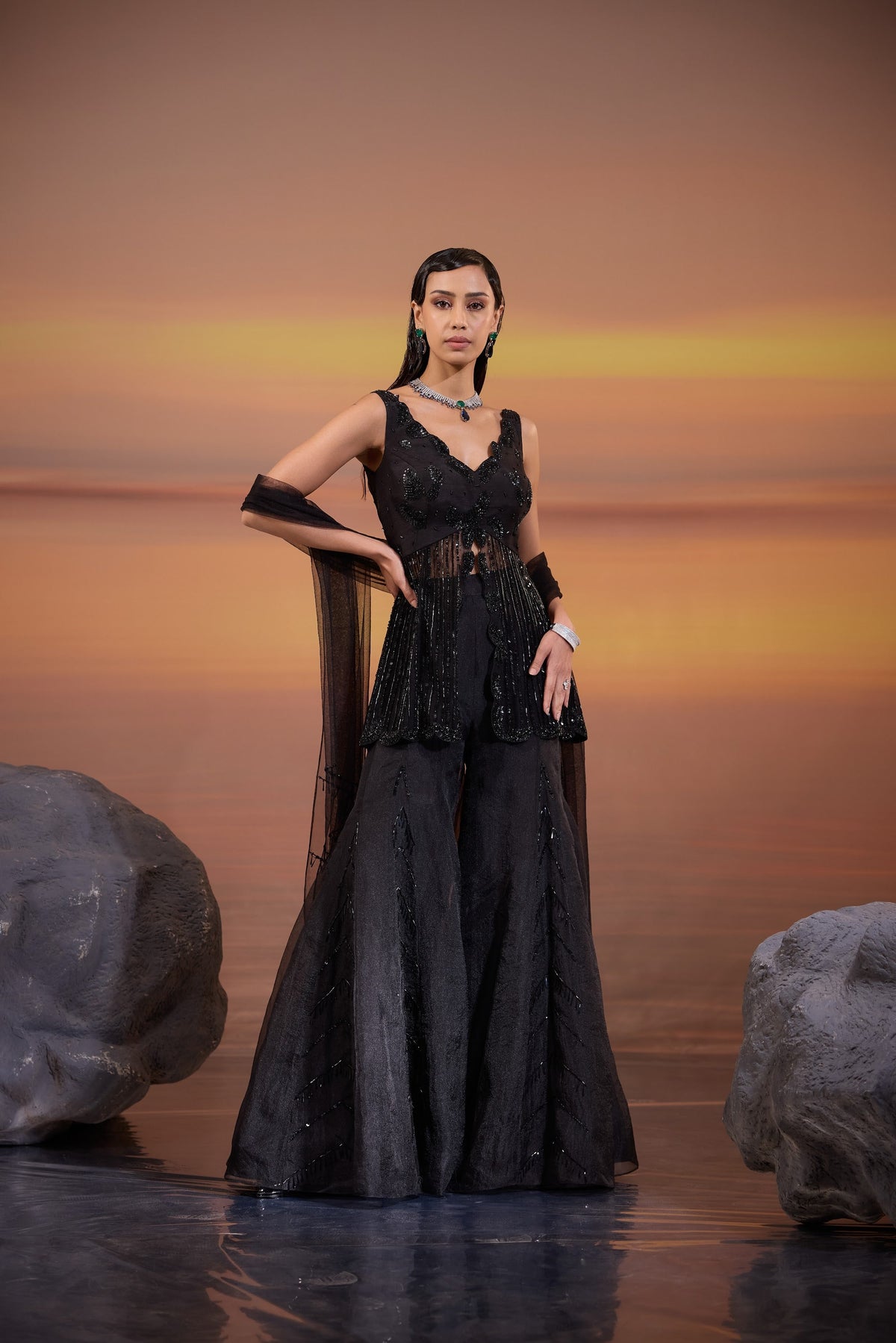 Black Embellished Dola Silk Party Wear Sharara Set