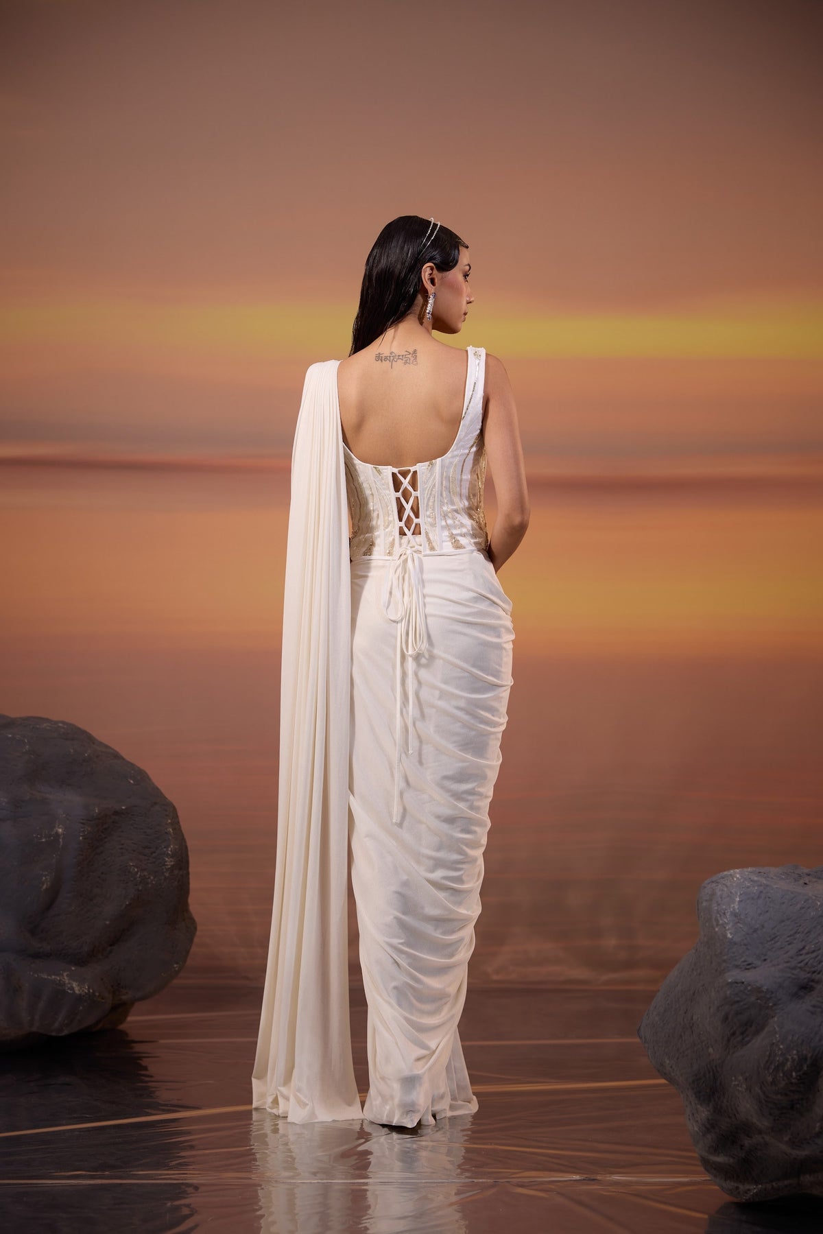 Ivory White Embroidered Drape Saree Set