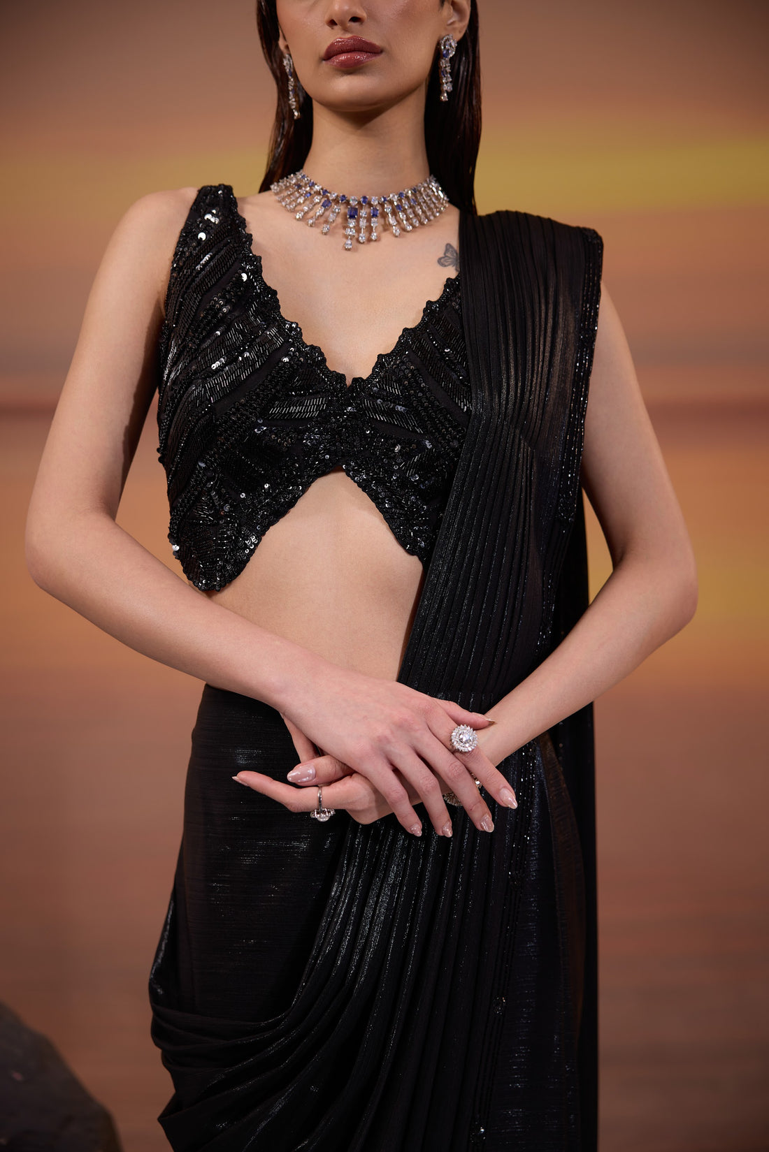 Black hand Embroidered Metallic Lycra Cocktail Drape Saree