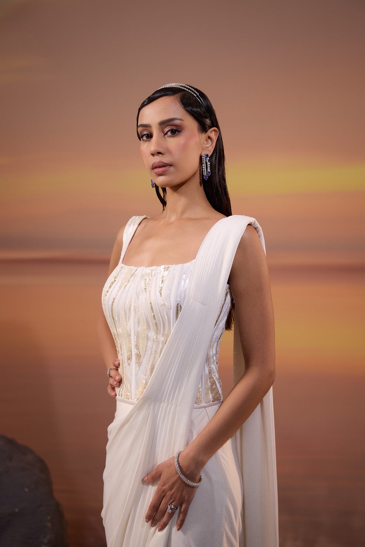 Ivory White Embroidered Drape Saree Set