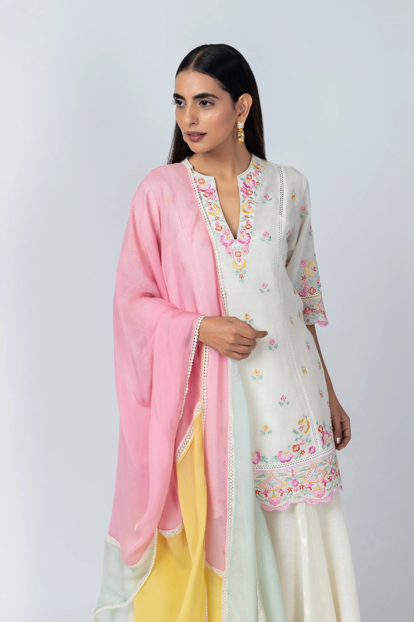 Kaari Natural Linen Kurta with Jacquard Sharara