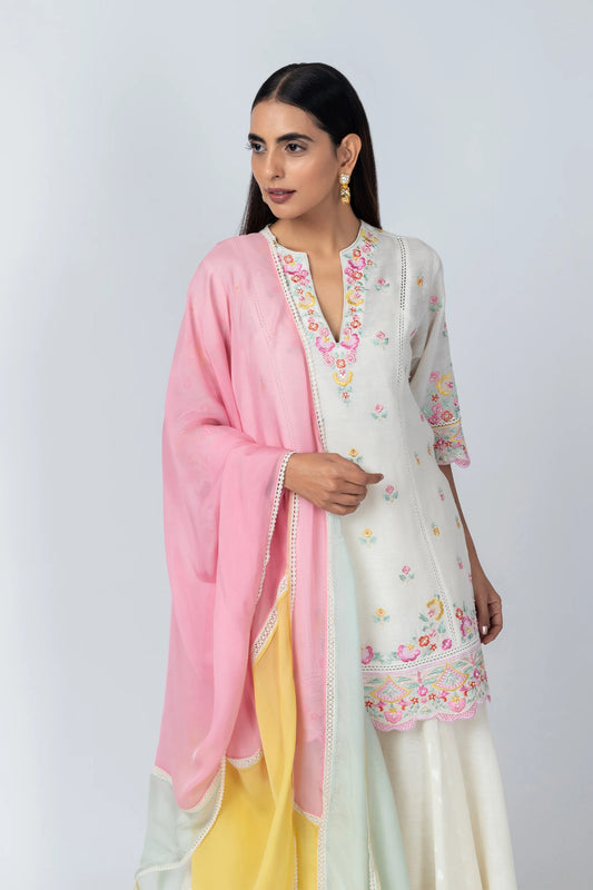 Kaari Natural Linen Kurta with Jacquard Sharara