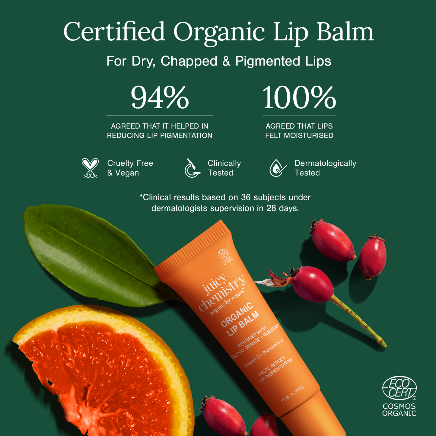 Juicy Chemistry Blood Orange & Rosehip Lip Scrub,10 g | Gentle Exfoliating Scrub For Dark Lips & Pigmentation | Organic Lip Exfoliator For Soft, Smooth, Supple And Luscious Lips|Suitable For Men & Women