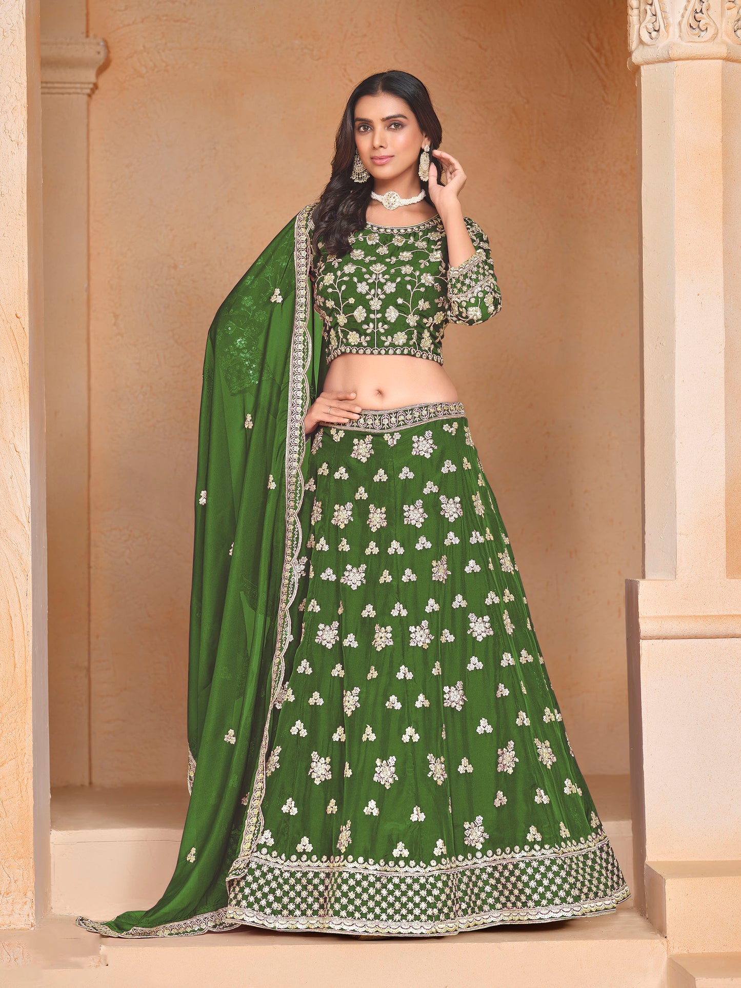 Dark Green Sequins & Zari Embroidered Organza Mehendi Lehenga