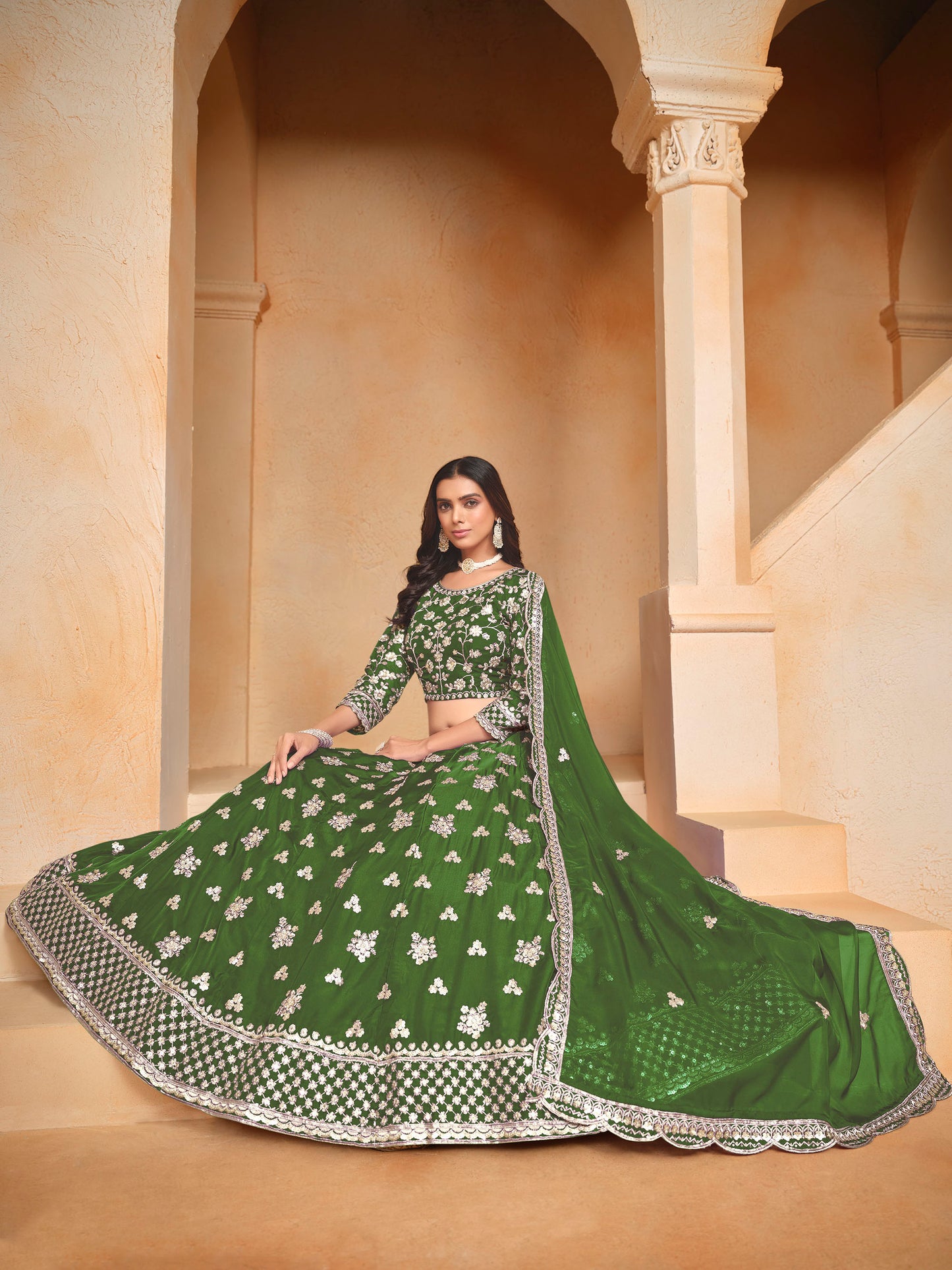 Dark Green Sequins & Zari Embroidered Organza Mehendi Lehenga