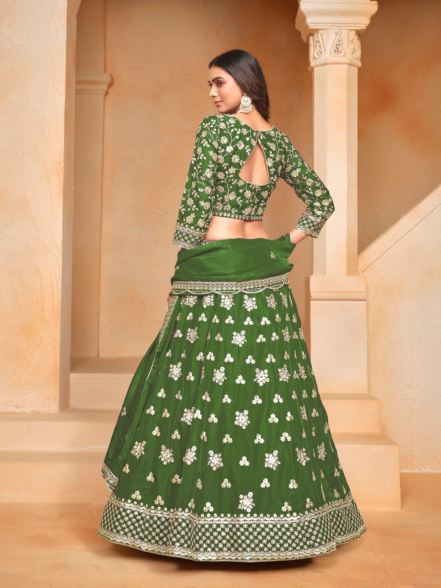 Dark Green Sequins & Zari Embroidered Organza Mehendi Lehenga