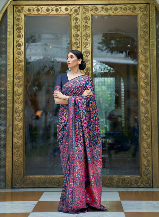 Dark Blue Kashifa Silk Kashmir Modal Handloom Saree