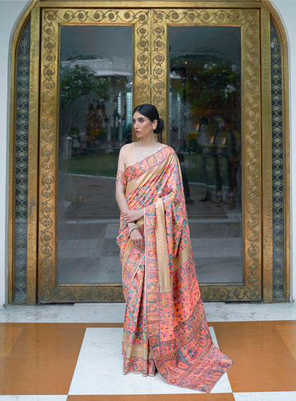 Peach Kashifa Silk Kashmir Modal Handloom Saree