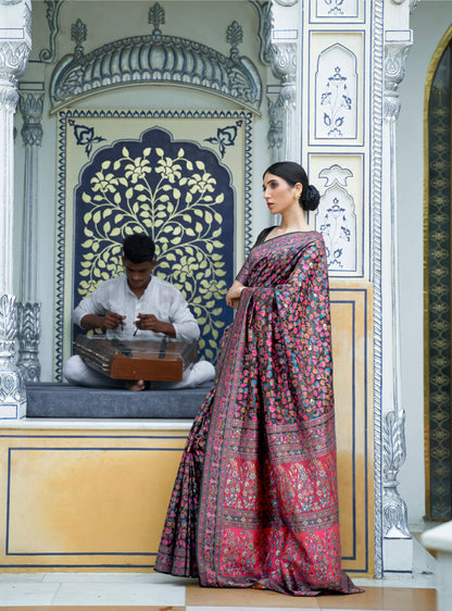 Black Floral Kashifa Silk Kashmir Modal Handloom Saree