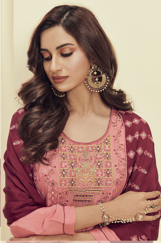 Pink Spring Embroidery Georgette Festive Kurta Set