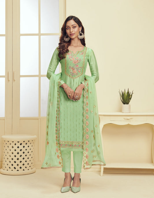 Light Green Spring Embroidery Georgette Festive Kurta Set