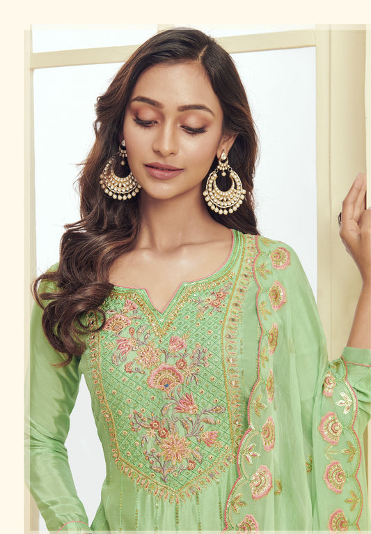 Light Green Spring Embroidery Georgette Festive Kurta Set