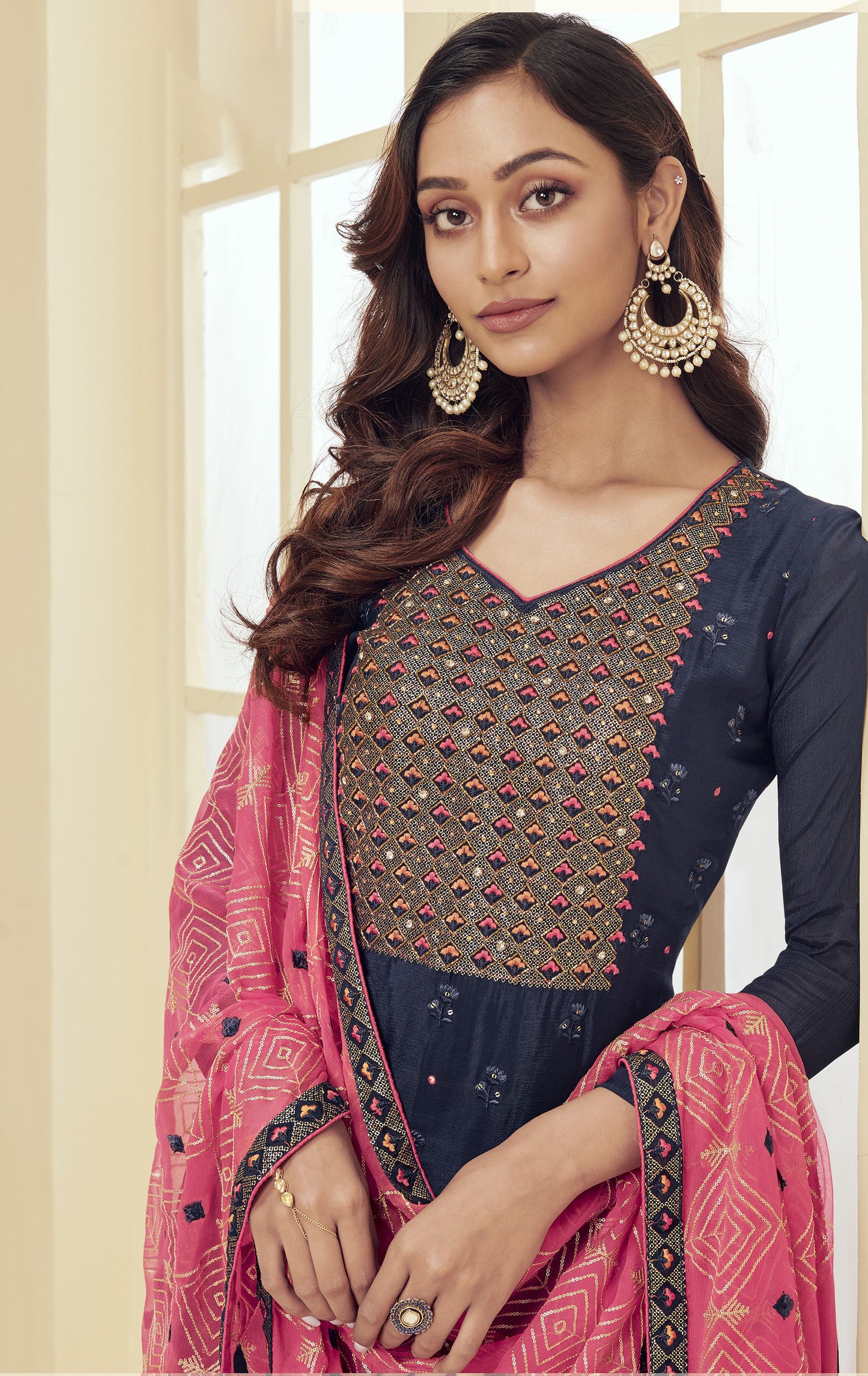 Blue Spring Embroidery Georgette Festive Kurta Set