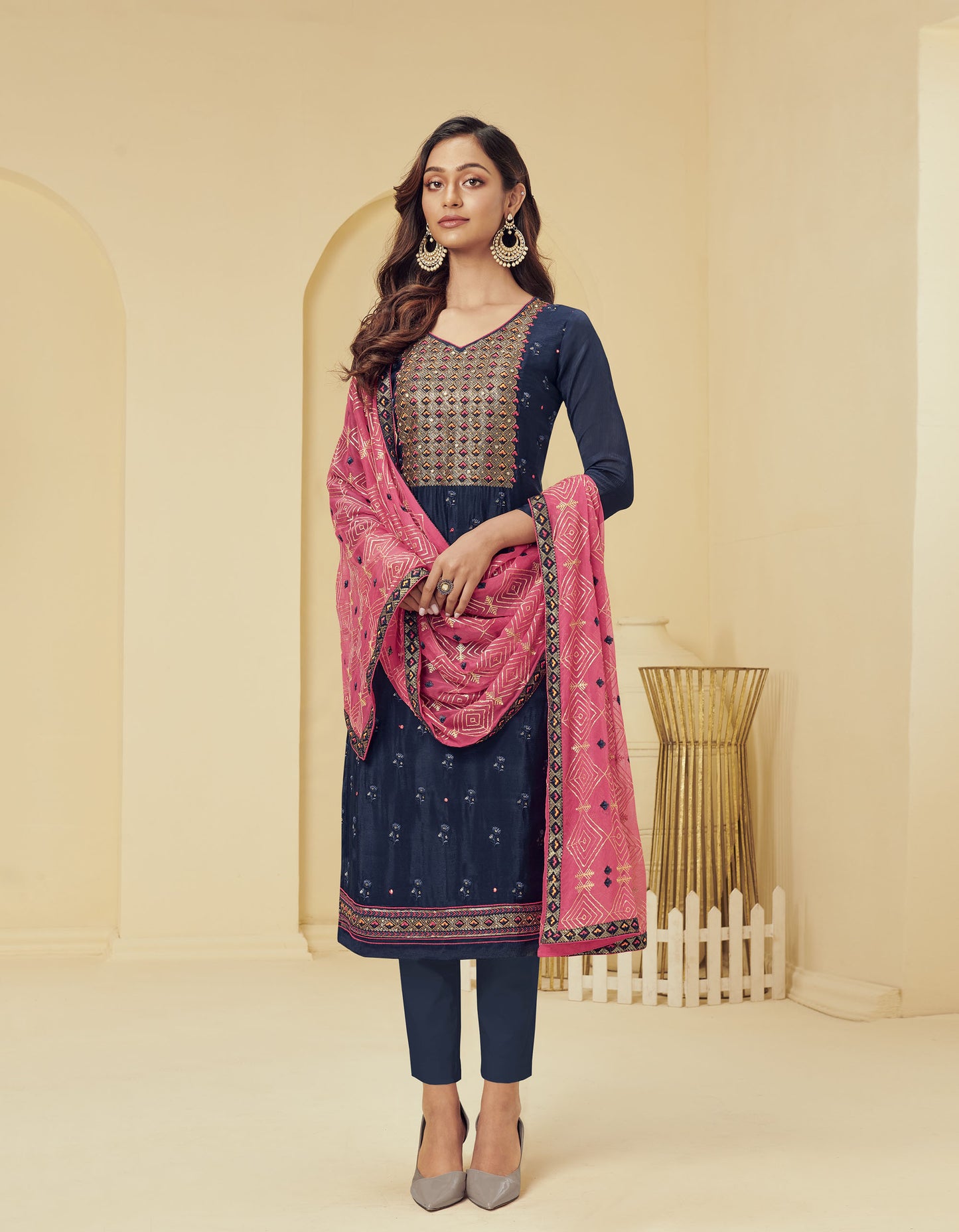 Blue Spring Embroidery Georgette Festive Kurta Set