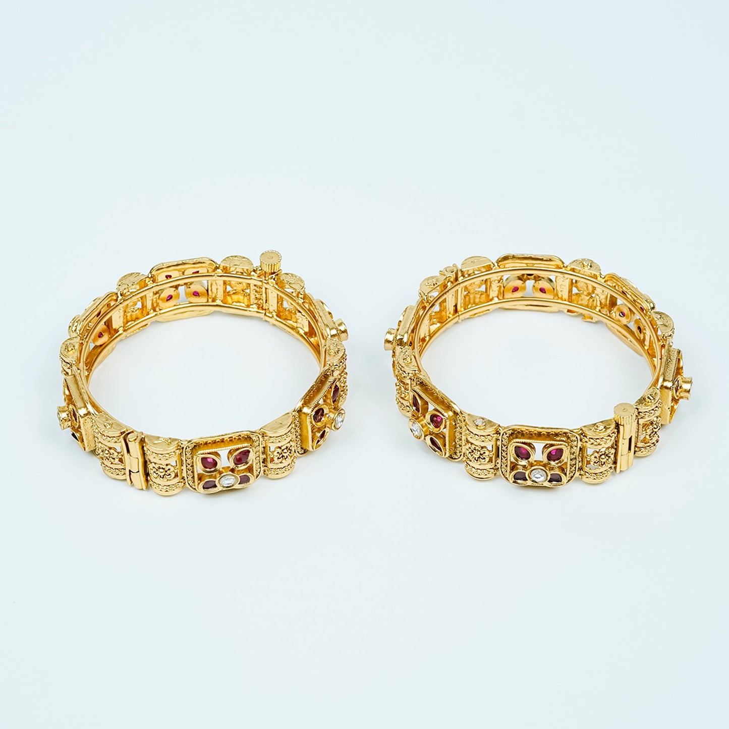 Zevar Club Set of 2 22K Gold-Plated Handcrafted Rajwadi Bangles with Ruby Red Stones & White Accents for Women