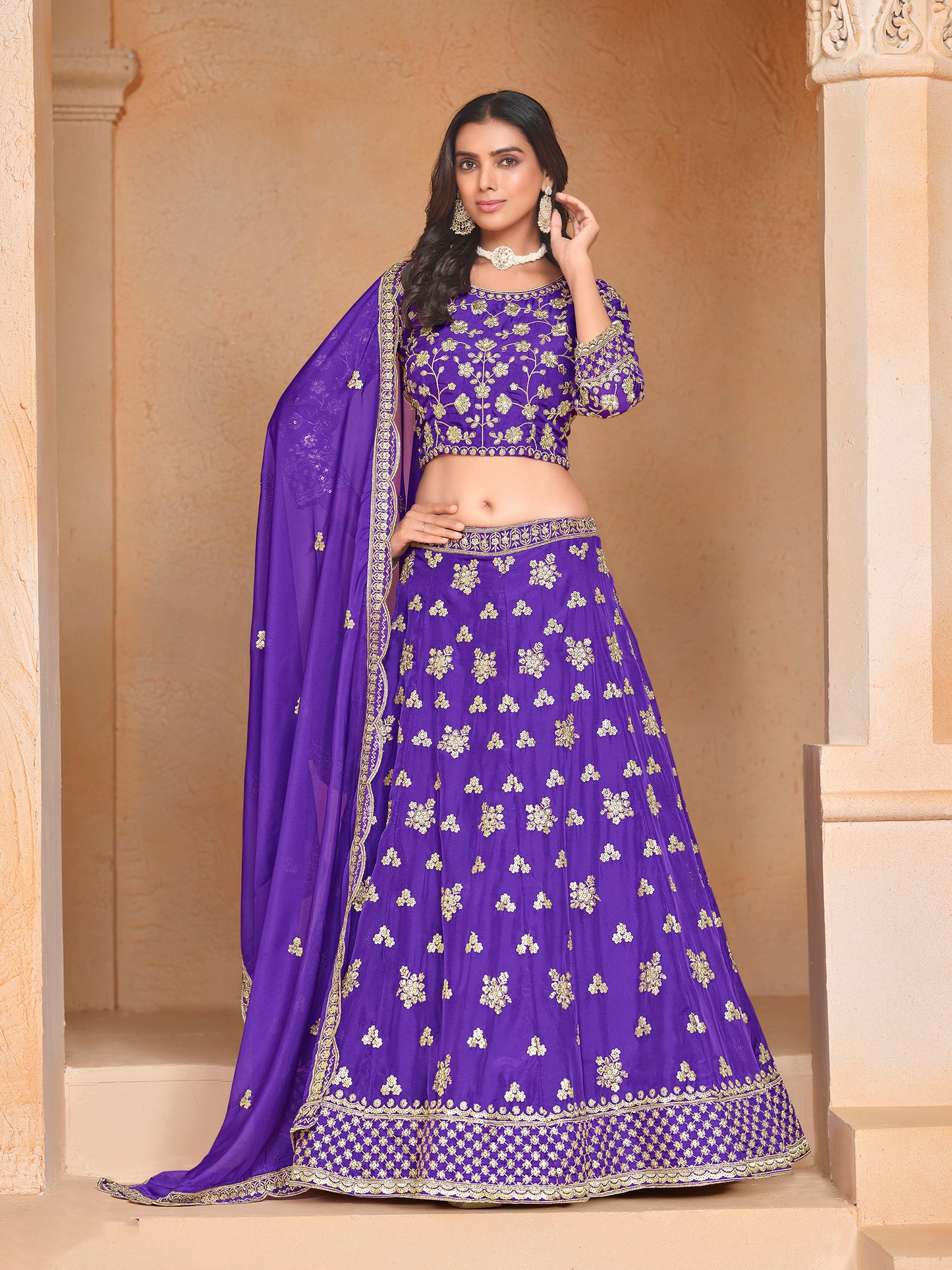 Purple Sequins & Zari Embroidered Organza Sangeet Lehenga