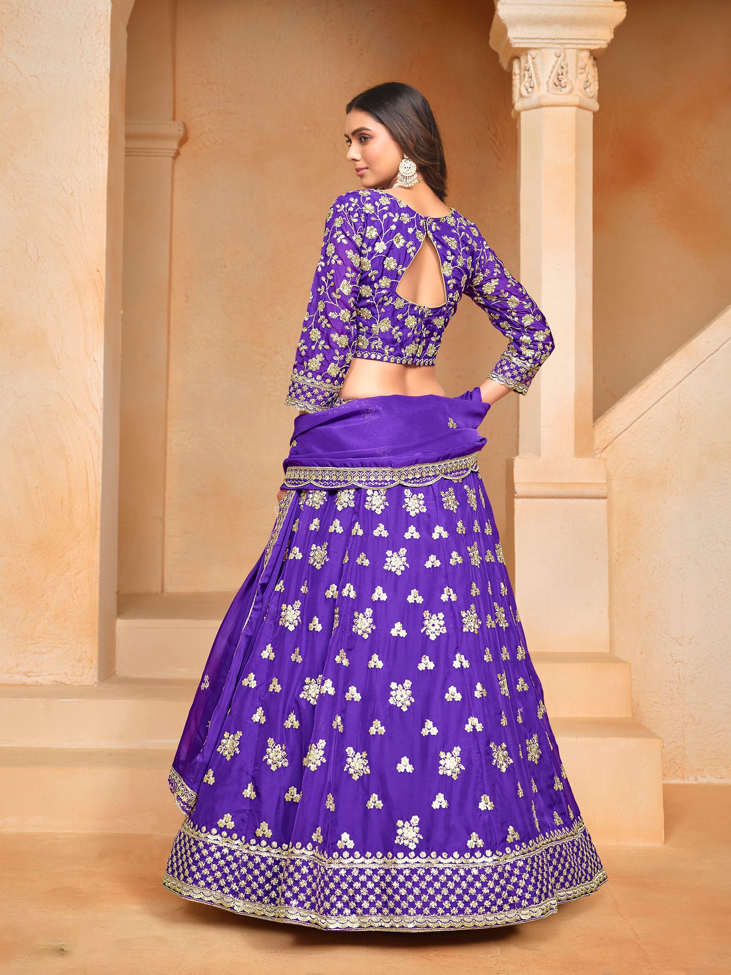 Purple Sequins & Zari Embroidered Organza Sangeet Lehenga