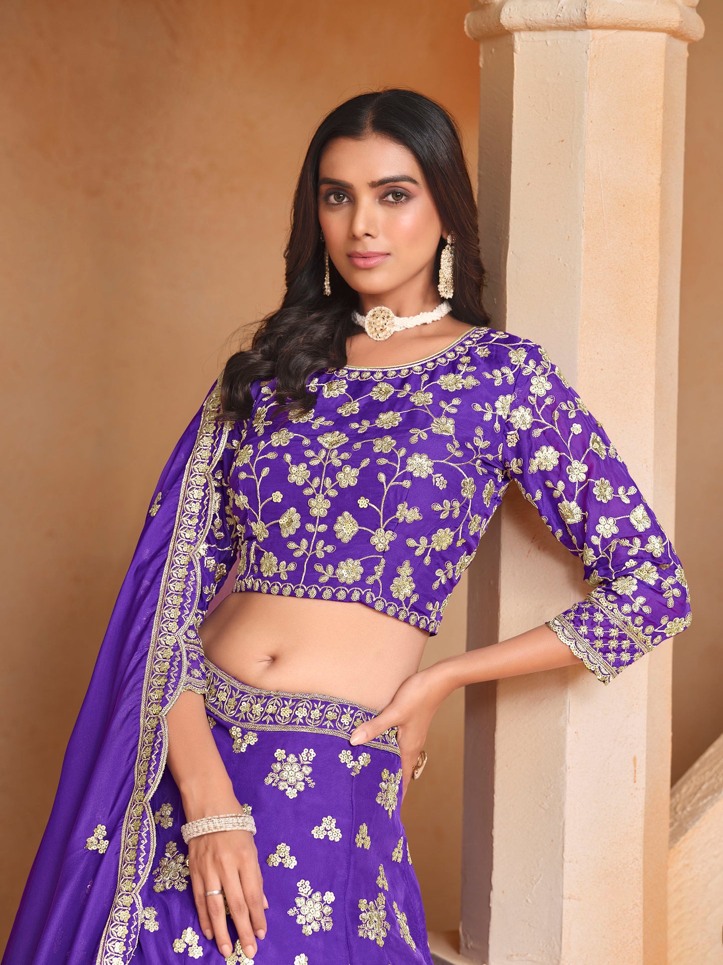 Purple Sequins & Zari Embroidered Organza Sangeet Lehenga