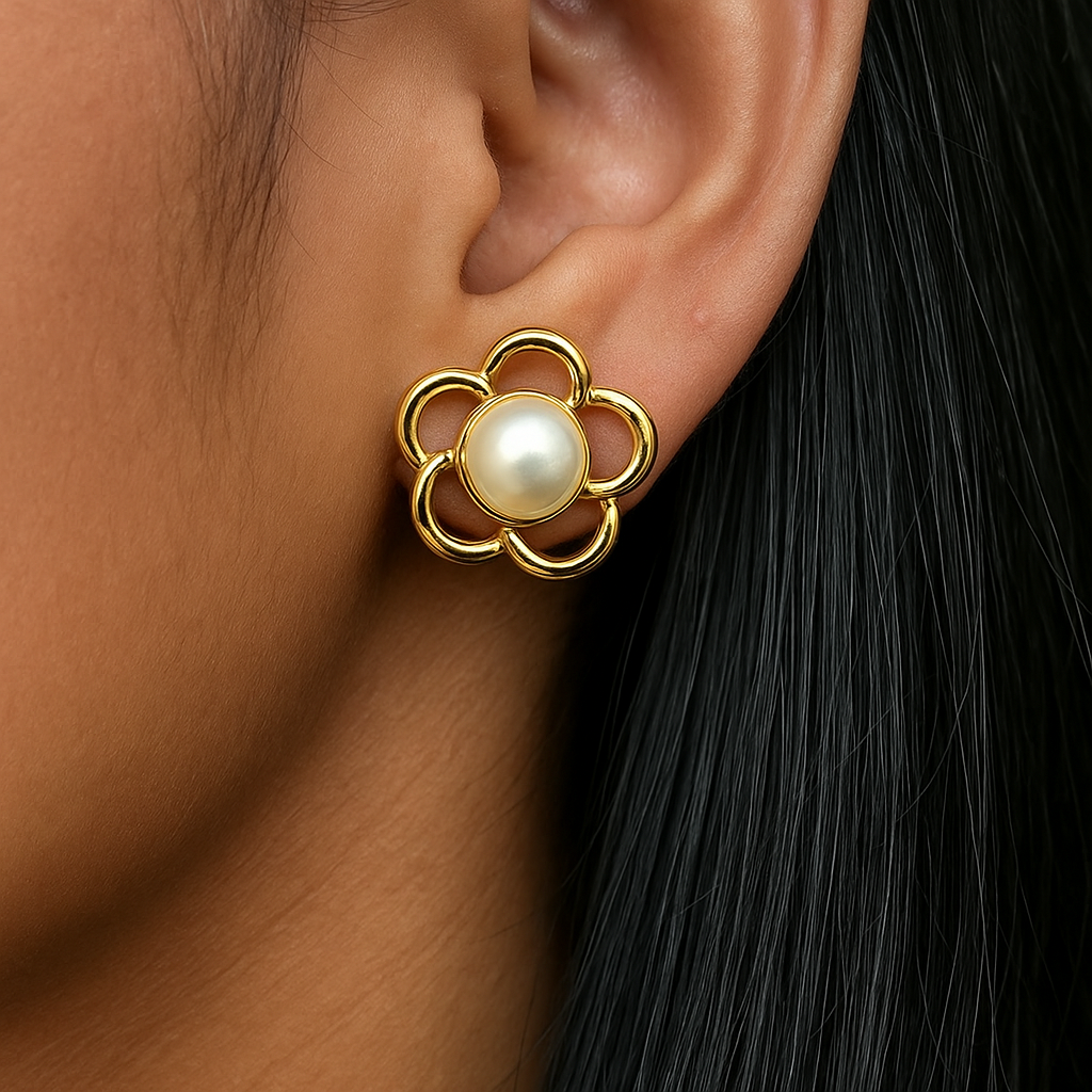 Zevar Club Gold Tone Glossy White Pearl Beaded Open Petal Floral Stud Earrings for Women