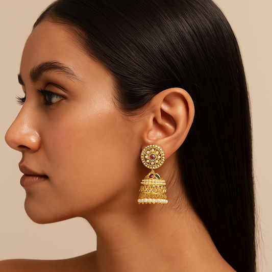 Zevar Club Brass Gold-Toned Floral Stud Jhumka Earrings with Red Green Stones & White Pearls