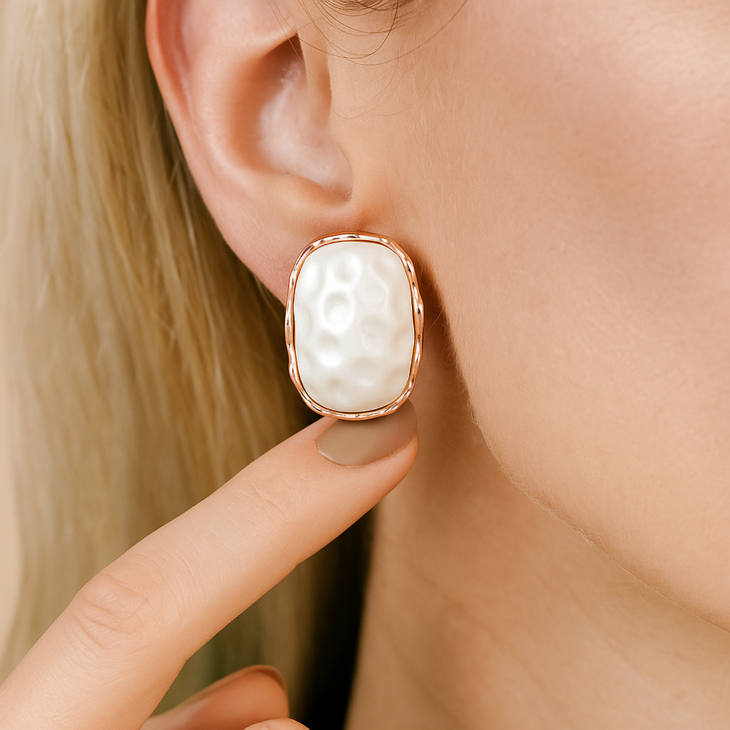 Zevar Club Rose Gold Tone White Pearl-Textured Sculpted Frame Stud Earrings for Women