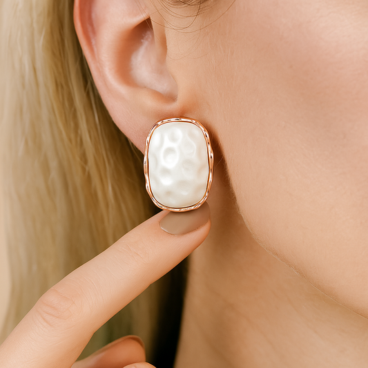 Zevar Club Rose Gold Tone White Pearl-Textured Sculpted Frame Stud Earrings for Women