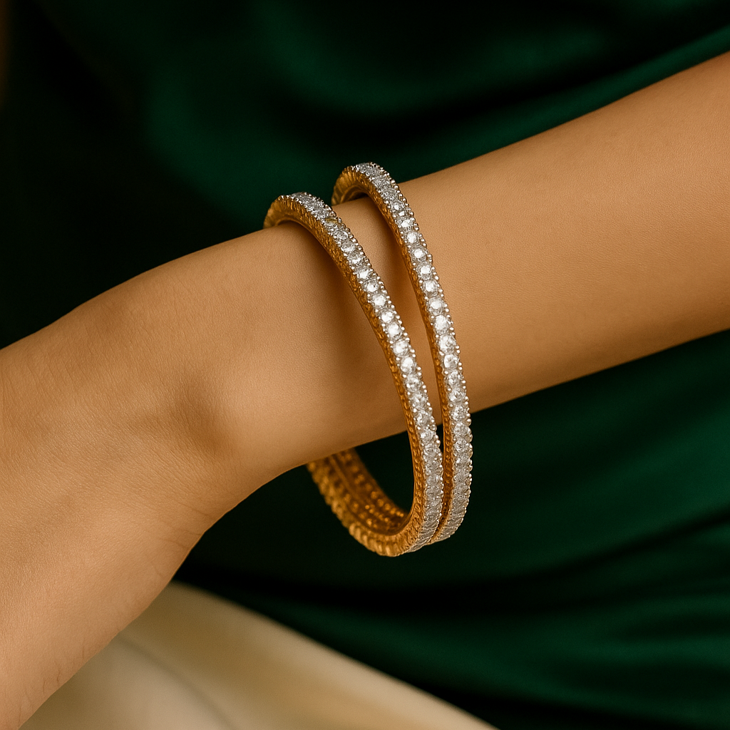 Zevar Club Set of 2 Rhodium-Plated AAA Cubic Zirconia Studded Classic Premium Screw Adjustable Bangles