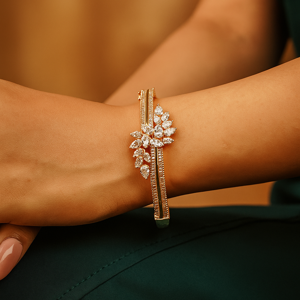 Zevar Club 22K Gold-Plated Floral Cluster Handcrafted AAA CZ Studded Baguette-Lined Openable Bracelet