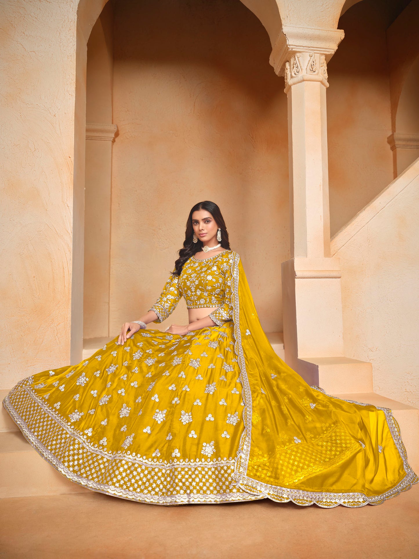 Yellow Sequins & Zari Embroidered Organza Haldi Lehenga