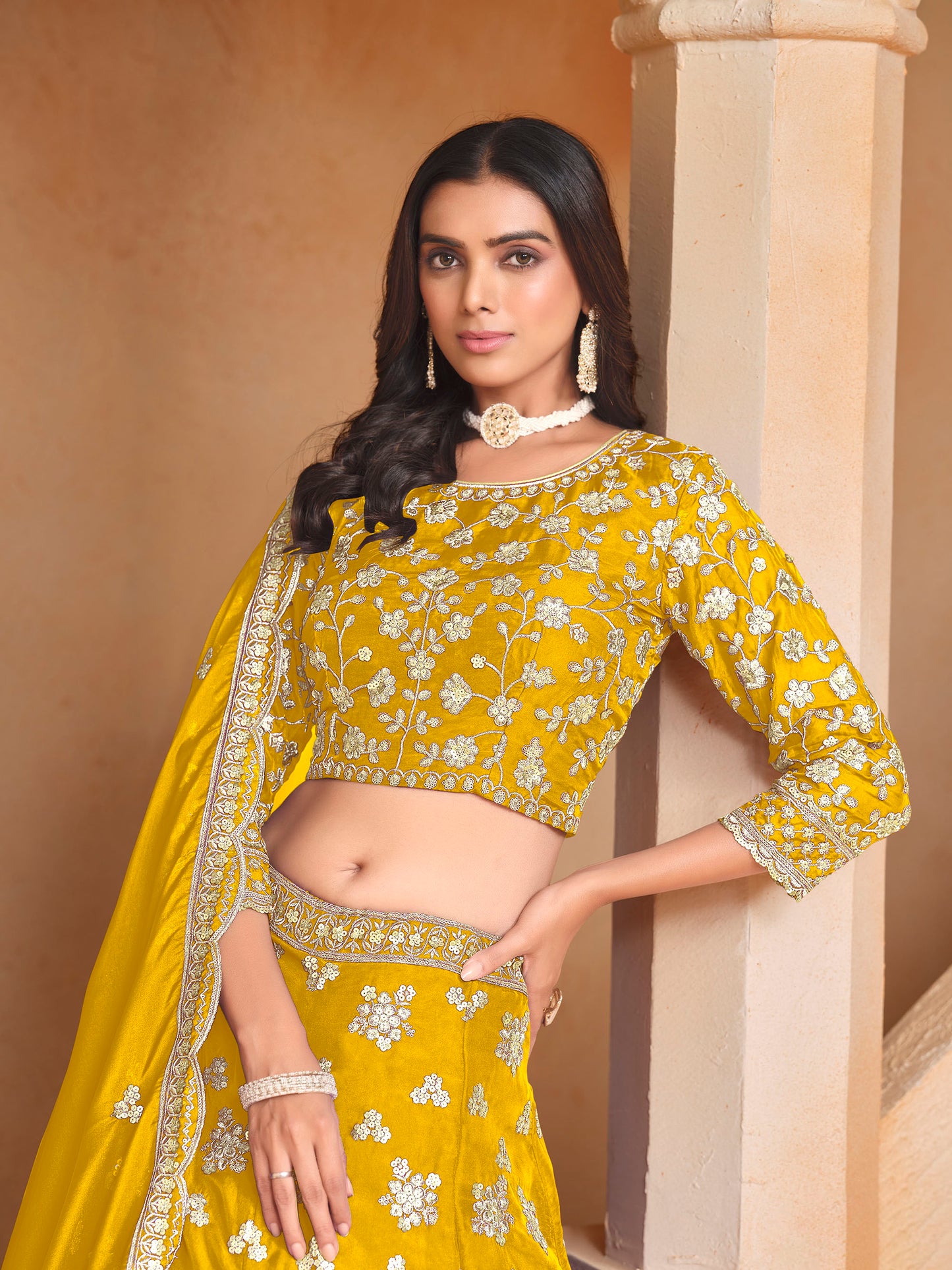 Yellow Sequins & Zari Embroidered Organza Haldi Lehenga