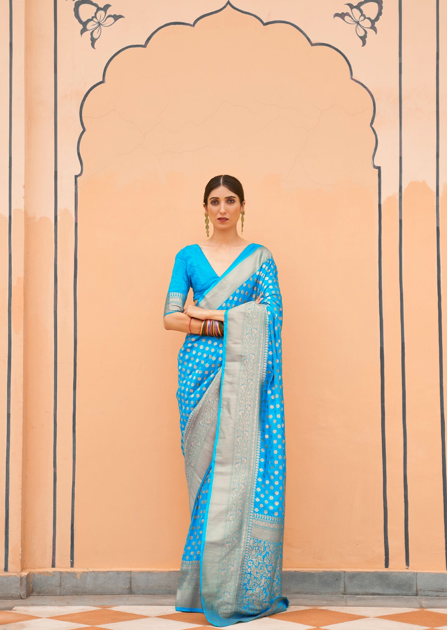 Sky Blue Khadi Georgette Nylon Handloom Saree
