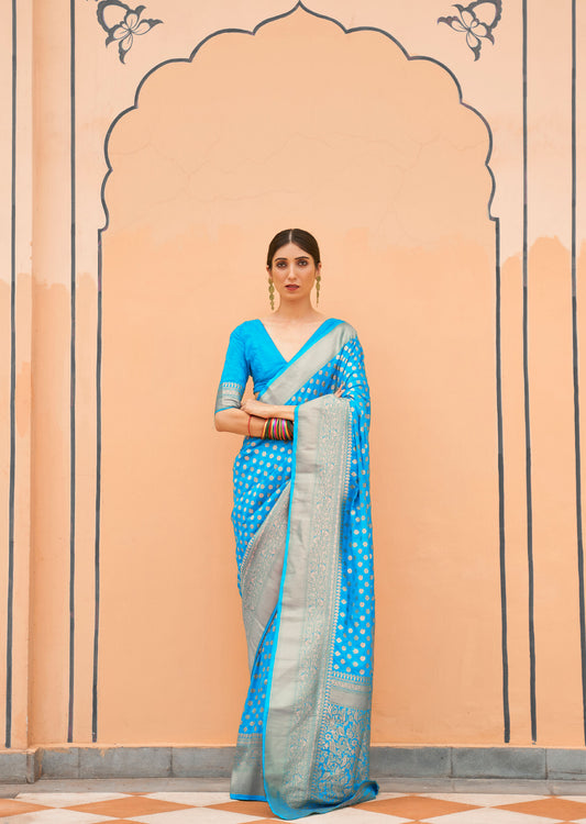 Sky Blue Khadi Georgette Nylon Handloom Saree