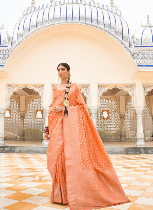 Peach Khadi Georgette Nylon Handloom Saree