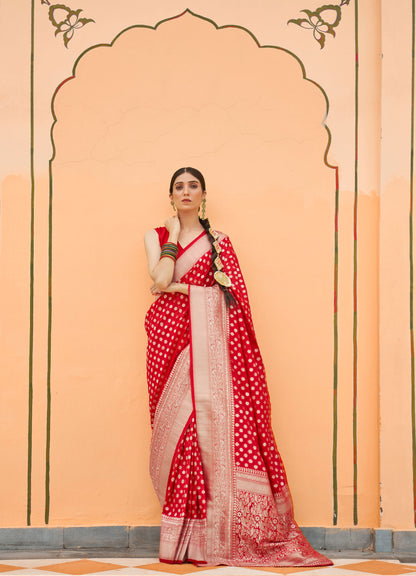 Red Khadi Georgette Nylon Handloom Saree
