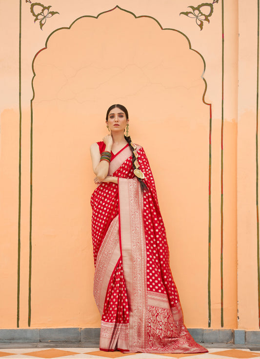 Red Khadi Georgette Nylon Handloom Saree