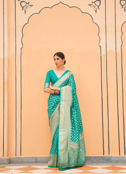 Green Khadi Georgette Nylon Handloom Saree