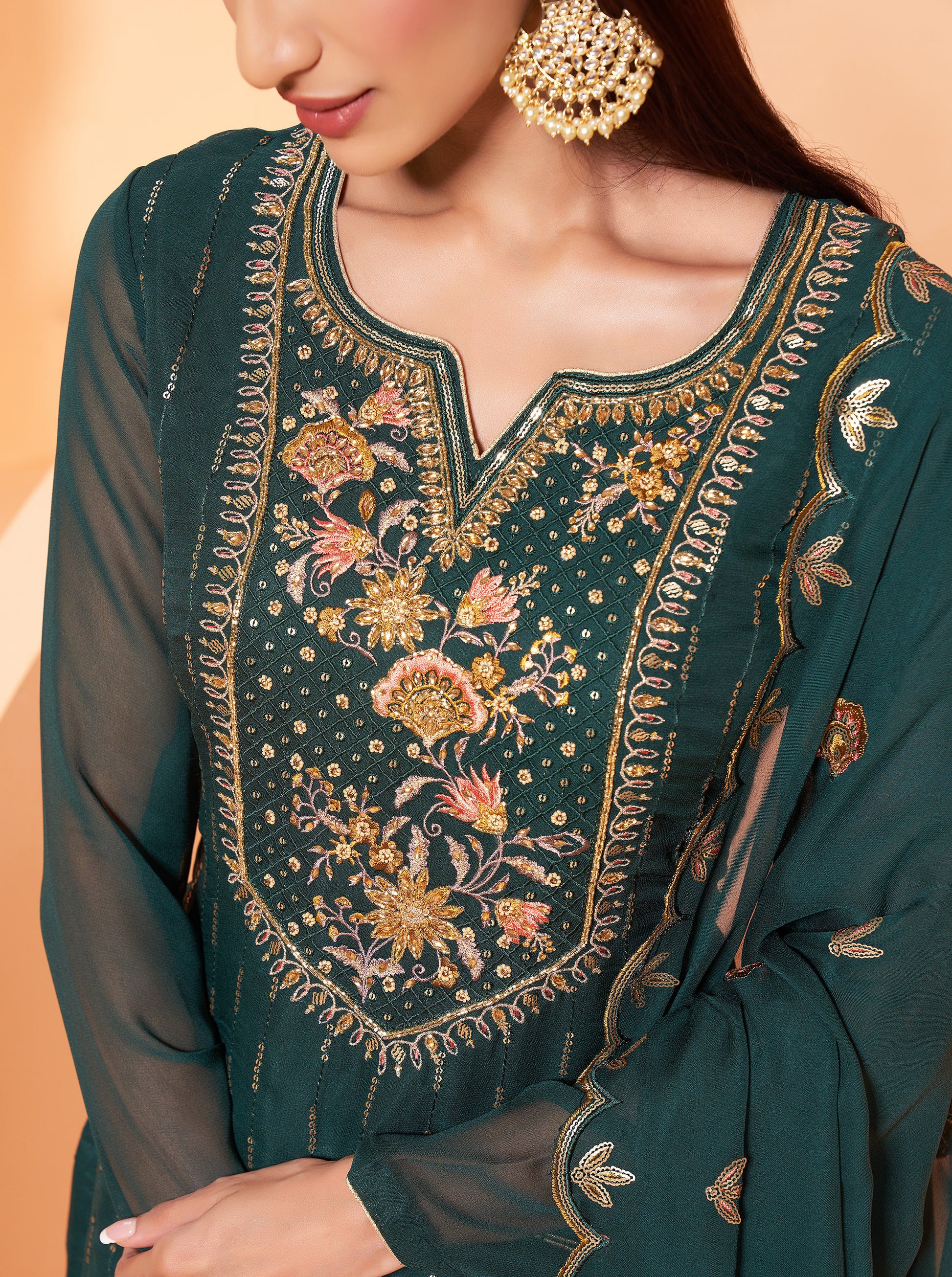 Dark Green Thread Embroidery Georgette Sharara for Mehendi