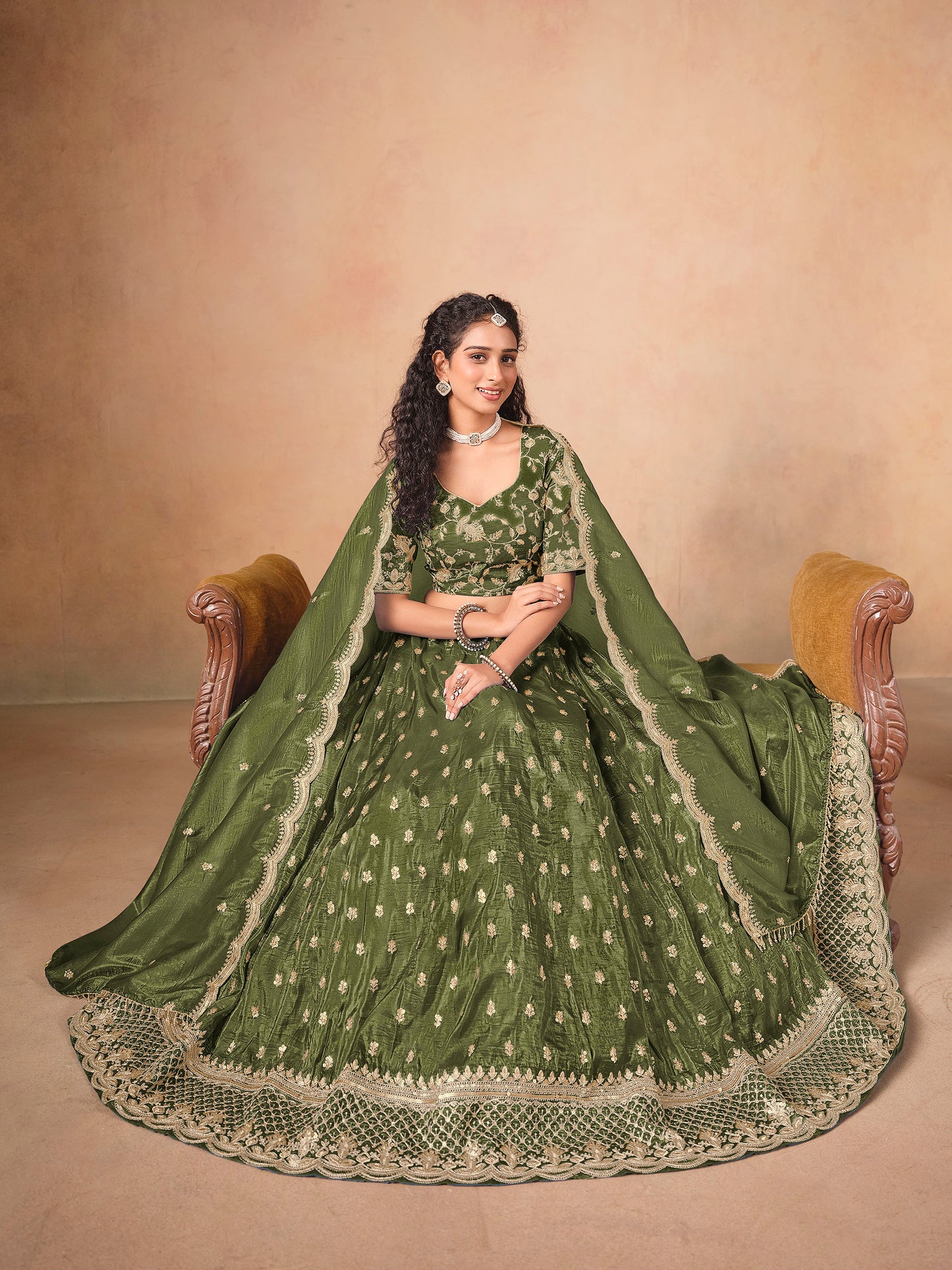 Dark Green Thread & Sequins Embroidered Soft Organza Mehendi Lehenga