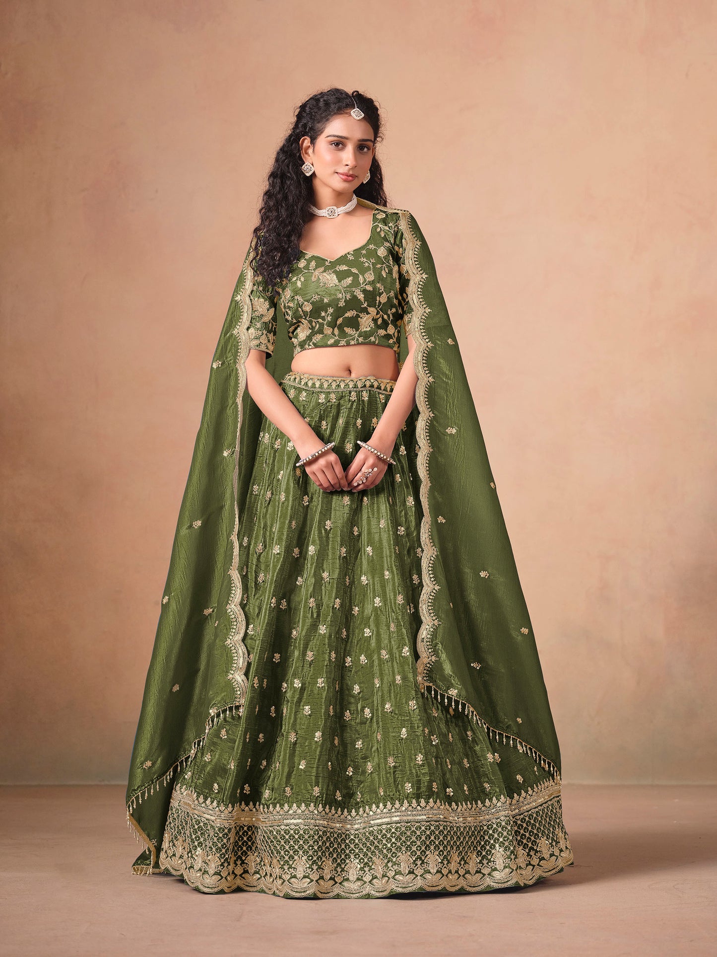 Dark Green Thread & Sequins Embroidered Soft Organza Mehendi Lehenga
