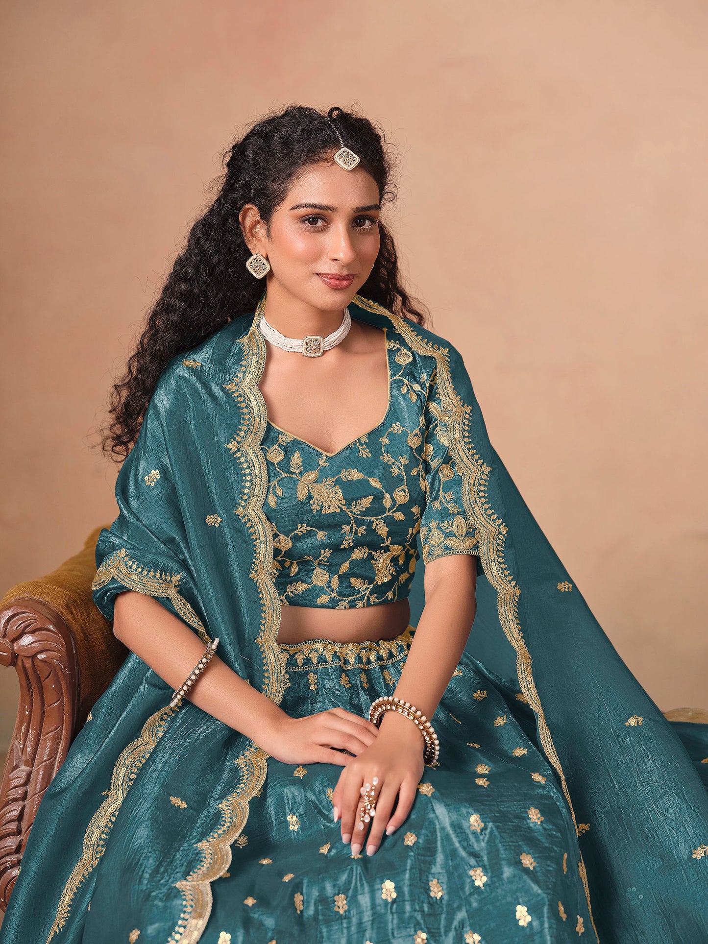 Blue Thread & Sequins Embroidered Soft Organza Reception Lehenga