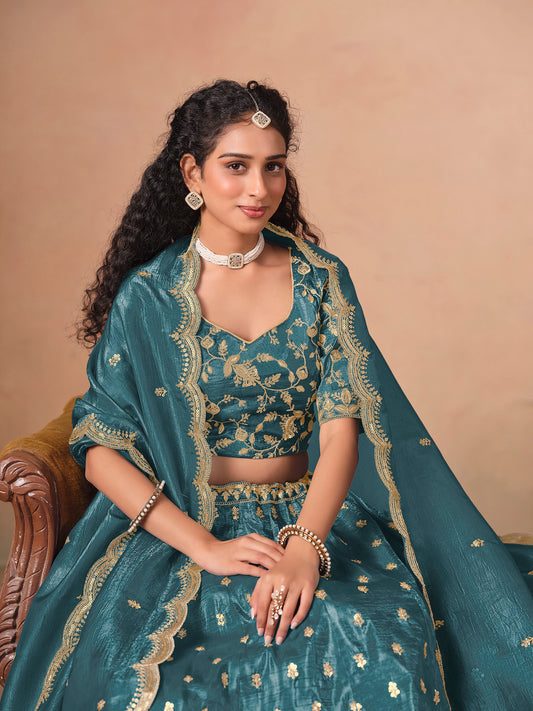 Blue Thread & Sequins Embroidered Soft Organza Reception Lehenga