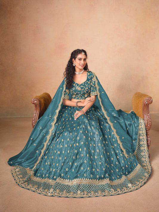 Blue Thread & Sequins Embroidered Soft Organza Reception Lehenga