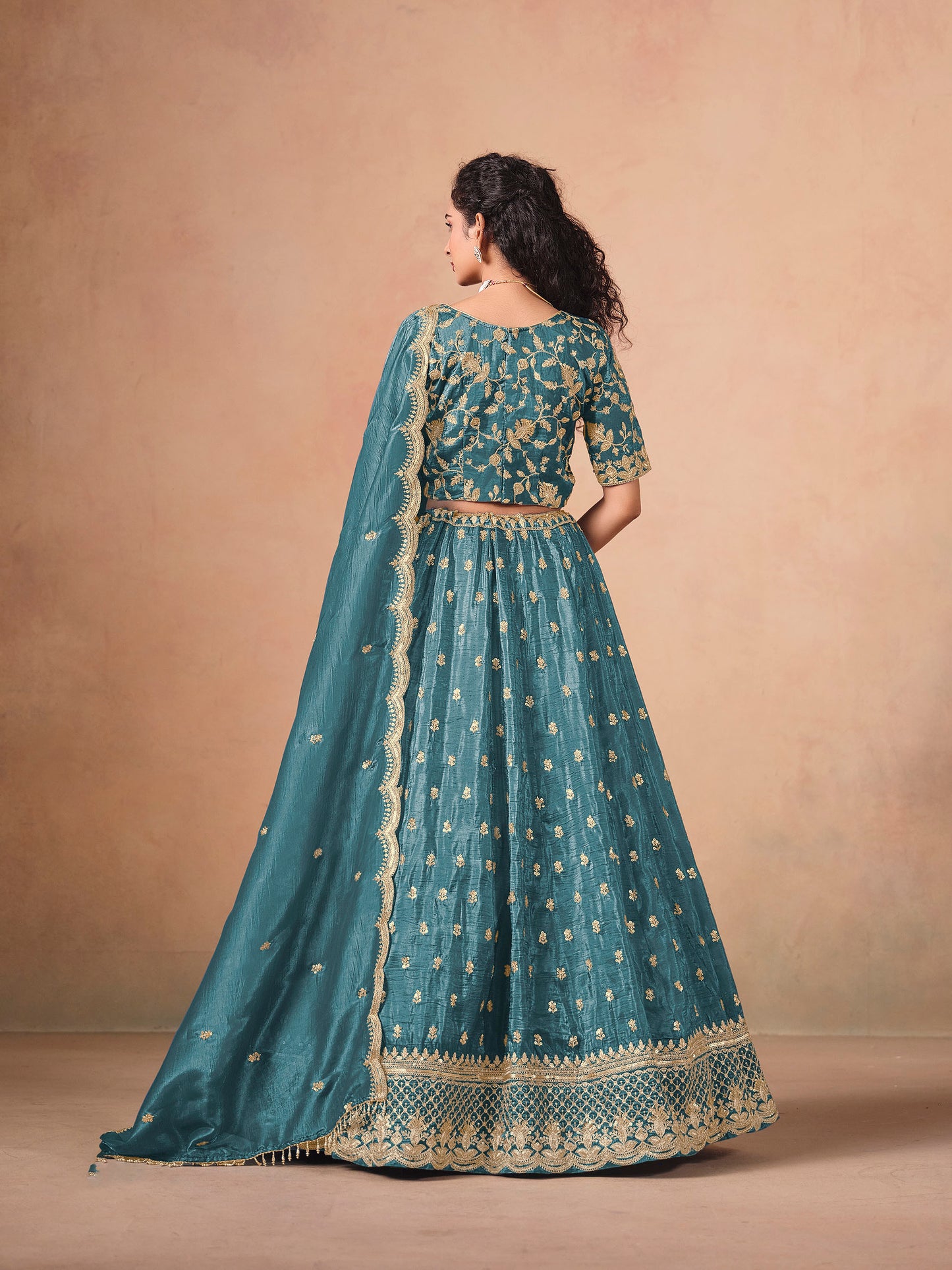 Blue Thread & Sequins Embroidered Soft Organza Reception Lehenga