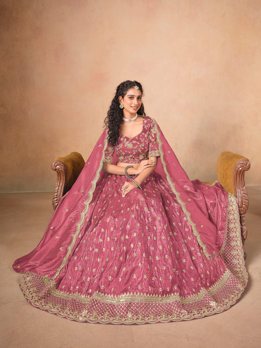 Pink Thread & Sequins Embroidered Soft Organza Wedding Guest Lehenga